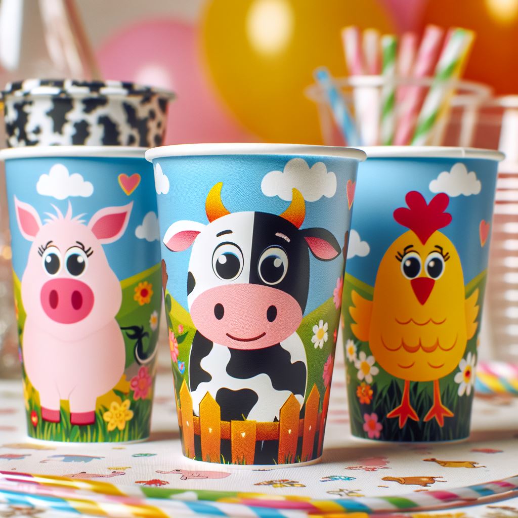 3 vasos desechables con imágenes de animalitos de granja impresos para una fiesta infantil
