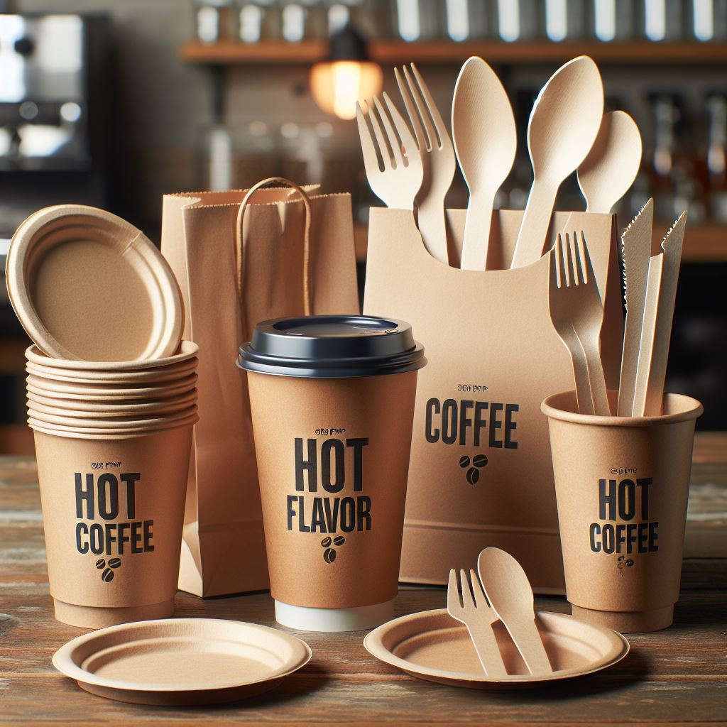 Vasos, platos y cubiertos personalizados personalización de 'Café' impresa sobre vasos de cartón con la frase 'sabor a café', bolsas de papel